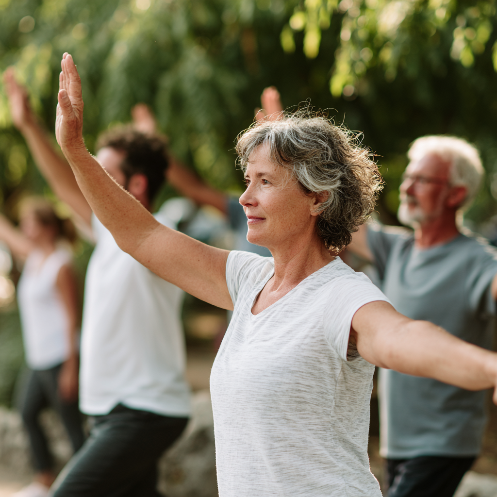 Middle-aged adults performing gentle mobility exercises in natural outdoor setting