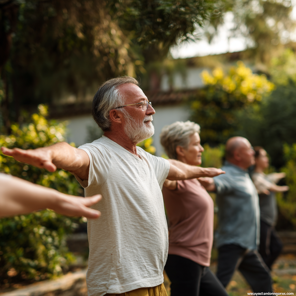 Older adults practicing natural movement exercises in peaceful garden setting